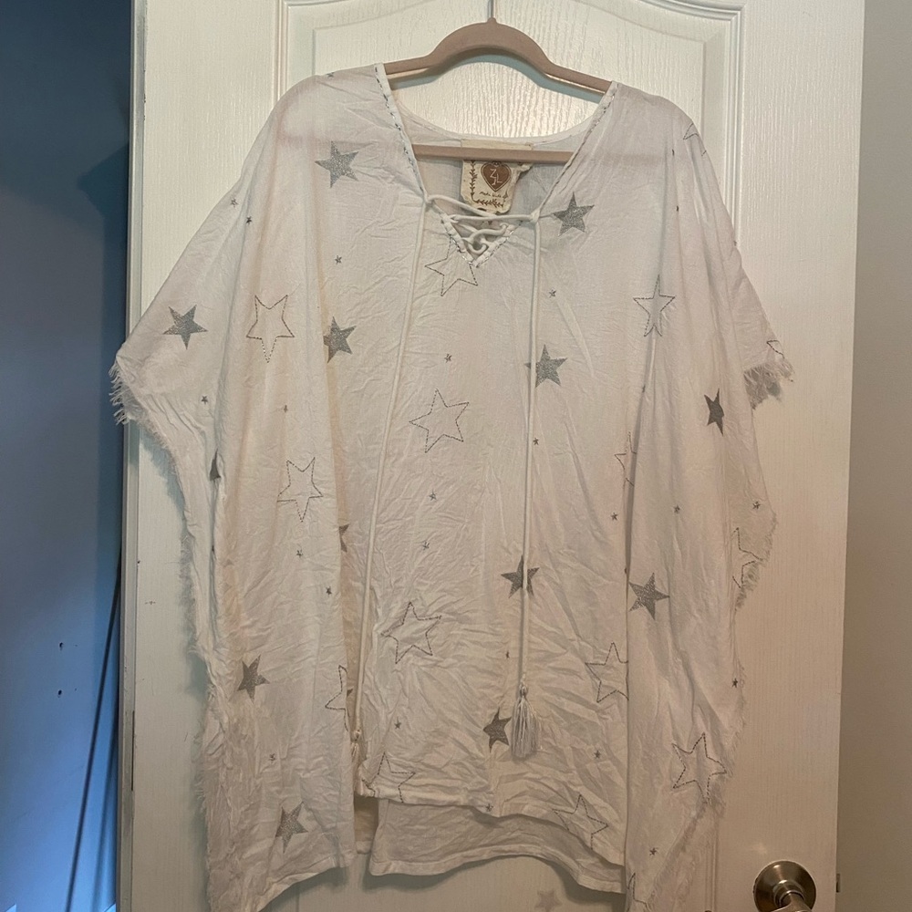 Z&L Europe Silver Stars tunic cotton lace up tassels coverup boho size S/M